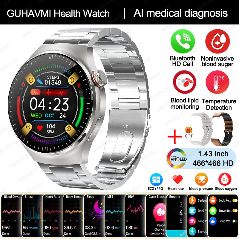 Medical Grade Smart Watch Women ECG+PPG Blood Lipid Blood Sugar Uric Acid HRV Tester AMOLED