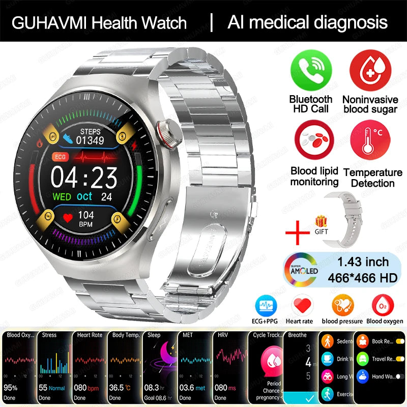 Medical Grade Smart Watch Women ECG+PPG Blood Lipid Blood Sugar Uric Acid HRV Tester AMOLED