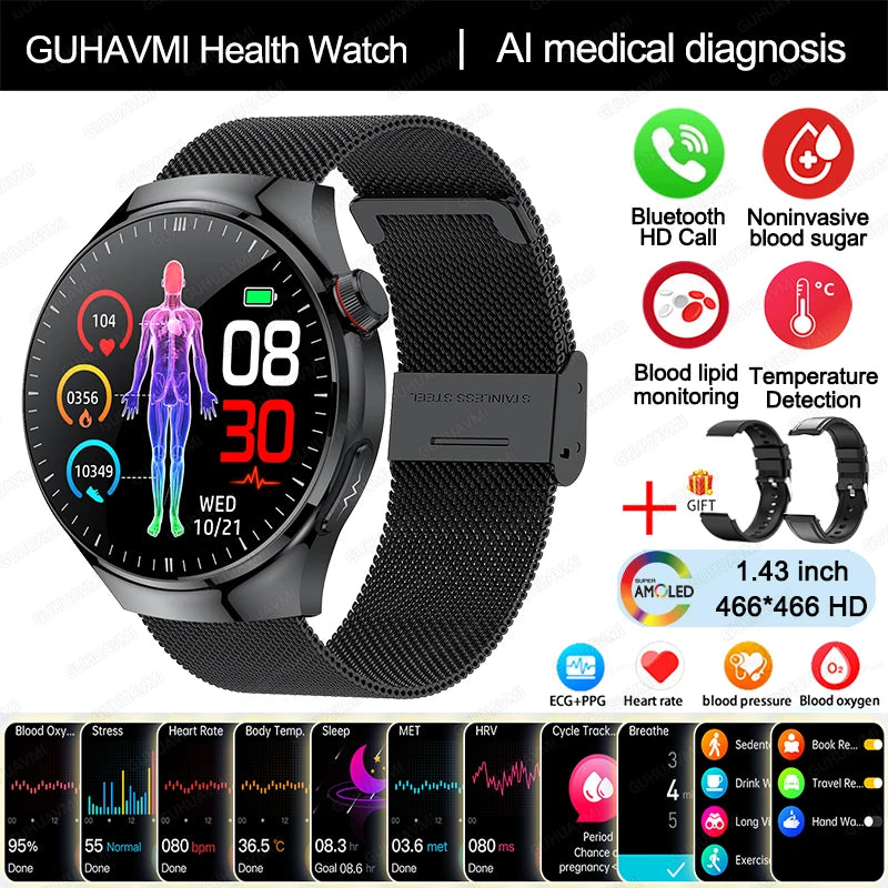 Medical Grade Smart Watch Women ECG+PPG Blood Lipid Blood Sugar Uric Acid HRV Tester AMOLED