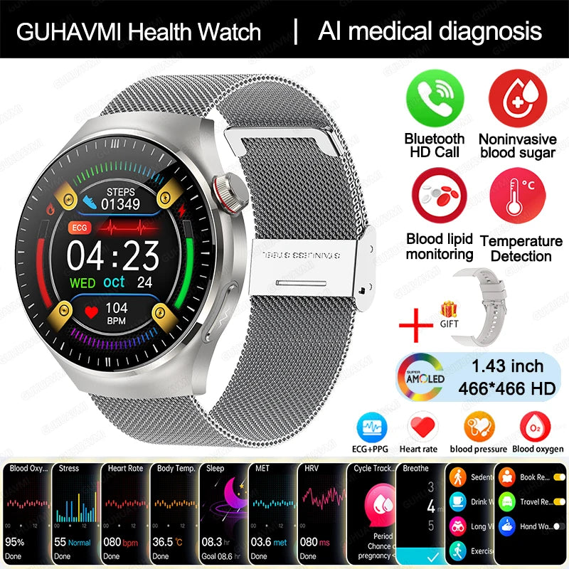 Medical Grade Smart Watch Women ECG+PPG Blood Lipid Blood Sugar Uric Acid HRV Tester AMOLED