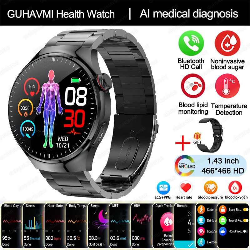 Medical Grade Smart Watch Women ECG+PPG Blood Lipid Blood Sugar Uric Acid HRV Tester AMOLED