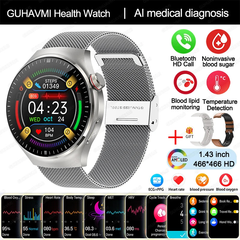 Medical Grade Smart Watch Women ECG+PPG Blood Lipid Blood Sugar Uric Acid HRV Tester AMOLED