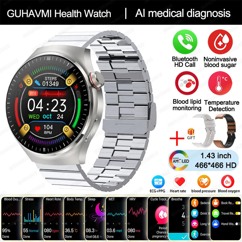 Medical Grade Smart Watch Women ECG+PPG Blood Lipid Blood Sugar Uric Acid HRV Tester AMOLED