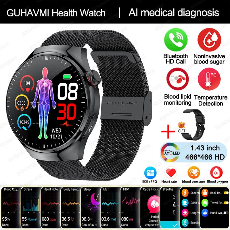 Medical Grade Smart Watch Women ECG+PPG Blood Lipid Blood Sugar Uric Acid HRV Tester AMOLED